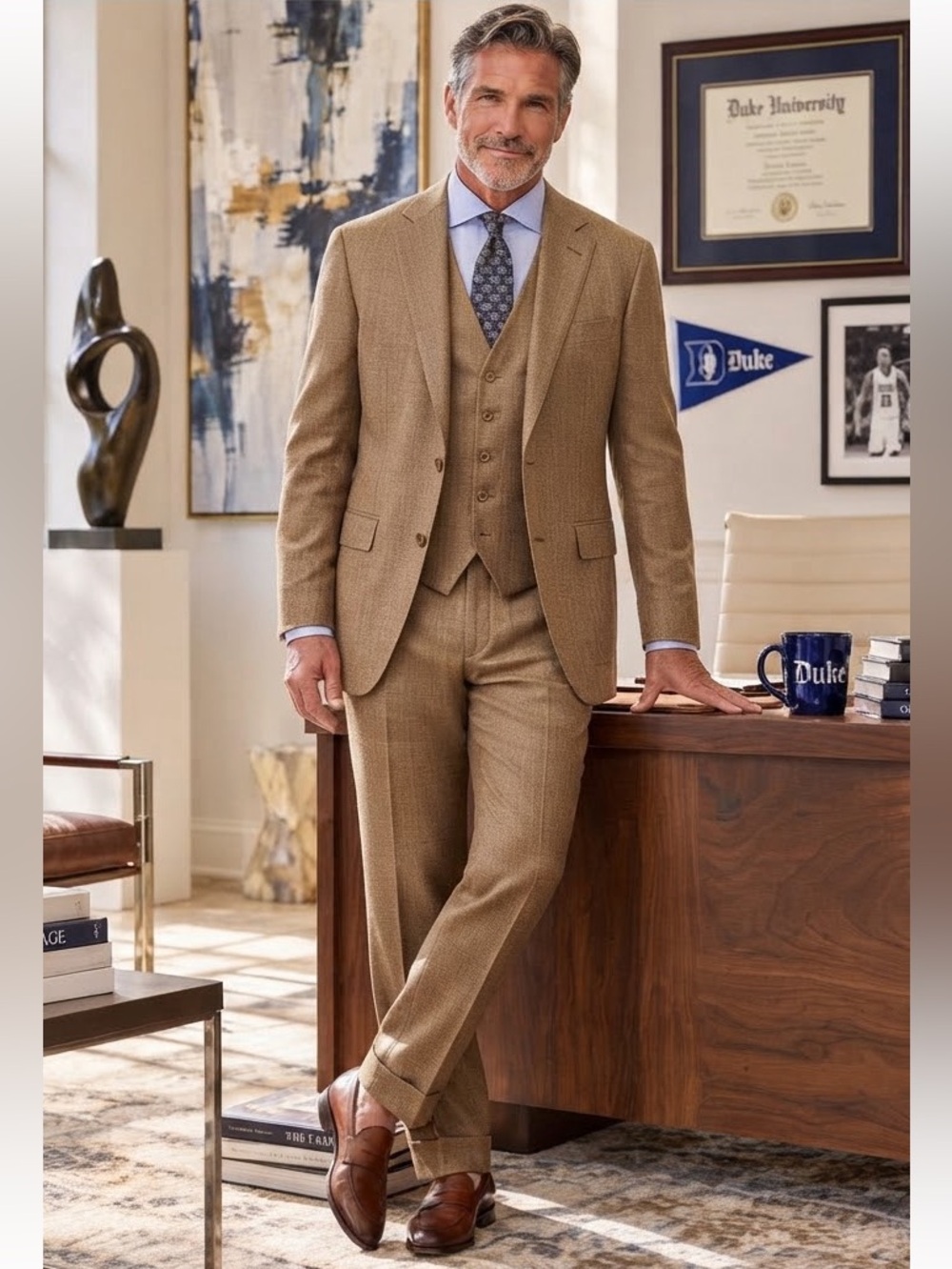 NWT Sergio Martini 3 Pc Suit 58L Big Tall Tan Tetron Silk Blend Vest Pants 58
